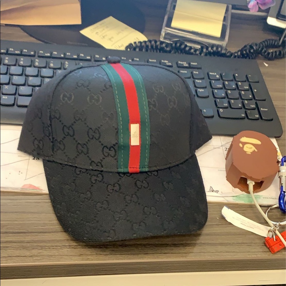 Gucci Black Monogram Baseball Cap with Red & Green Stripe